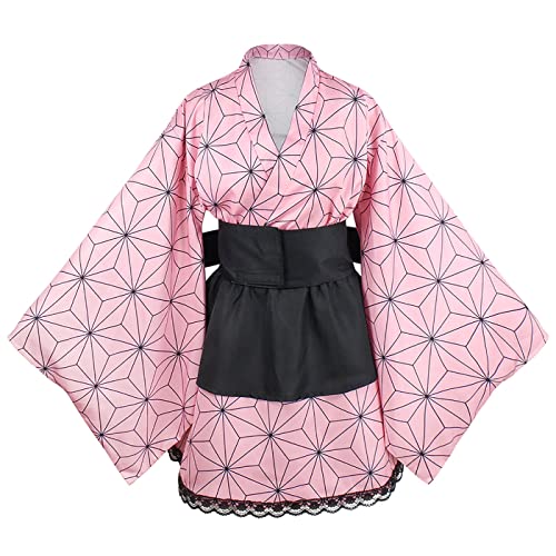 bi bi hou Damen Kamado Nezuko Kostüm Maid Dress 3 Piece Set Anime Kostüm Kimetsu no Yaiba Cosplay Nezuko Kimono Weihnachten Halloween Karneval Party Bühnenauftritt Kostüm Erwachsene von bi bi hou