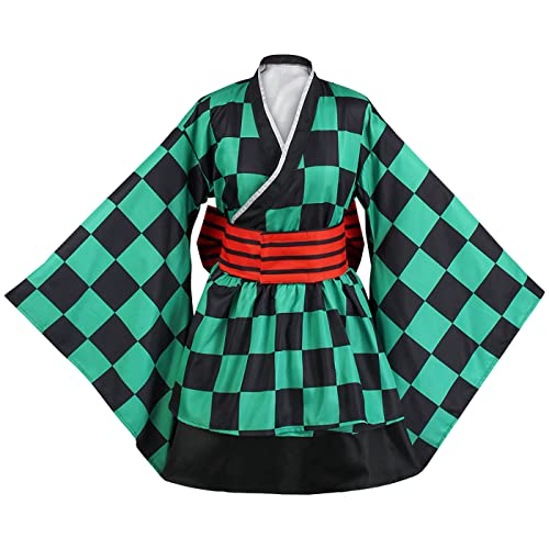 bi bi hou Damen Kamado Tanjirou Kostüm Maid Dress 3 Piece Set Anime Kostüm Kimetsu no Yaiba Cosplay Tanjirou Kimono Weihnachten Halloween Karneval Party Bühnenauftritt Kostüm Erwachsene von bi bi hou