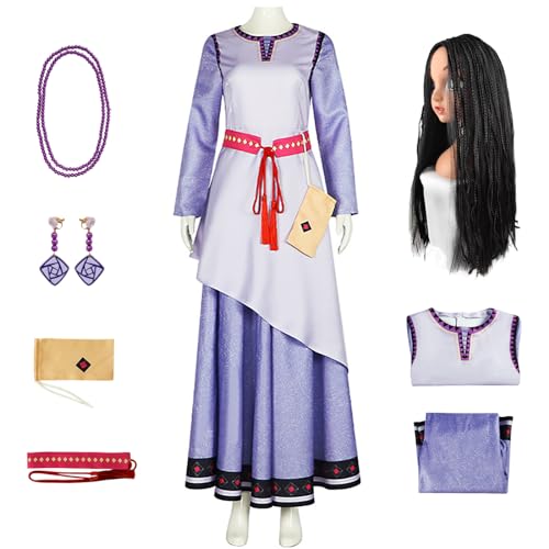 bi bi hou Damen Prinzessin Asha Kleid mit Zubehör Perücke Wish Asha Verkleidung Prinzessin Asha Cosplay Kostüm Weihnachten Halloween Karneval Party Bühnenauftritt Kostüm für Erwachsene von bi bi hou