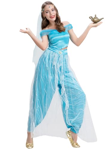 bi bi hou Damen Prinzessin Jasmin Kostüm mit Zubehör Prinzessin Aladdin Kostüm Arabische Prinzessin Verkleidung Bauchtanz Outfit Halloween Karneval Party Bühnenauftritt Kostüm für Erwachsene von bi bi hou