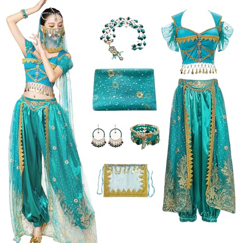 bi bi hou Damen Prinzessin Jasmin Kostüm mit Zubehör Prinzessin Aladdin Kostüm Arabische Prinzessin Verkleidung Bauchtanz Outfit Halloween Karneval Party Bühnenauftritt Kostüm für Erwachsene von bi bi hou