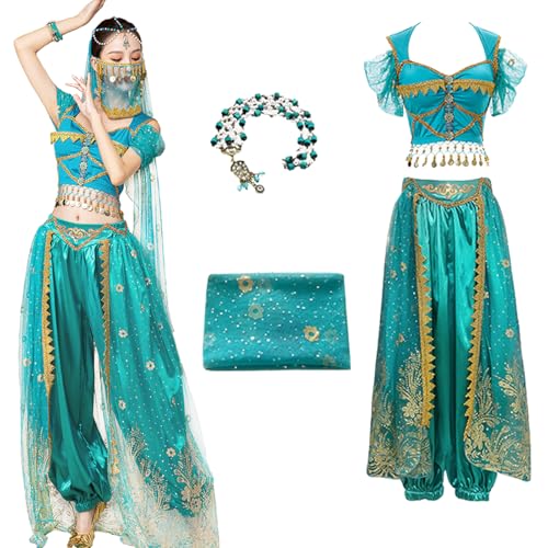 bi bi hou Damen Prinzessin Jasmin Kostüm mit Zubehör Prinzessin Aladdin Kostüm Arabische Prinzessin Verkleidung Bauchtanz Outfit Halloween Karneval Party Bühnenauftritt Kostüm für Erwachsene von bi bi hou