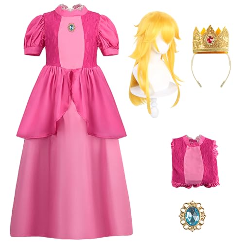 bi bi hou Damen Prinzessin Peach Kleid mit Zubehör Perücke Peach Cosplay Verkleidung Prinzessin Kostüm Rosa/Weiß Weihnachten Halloween Karneval Party Bühnenauftritt Kostüm für Erwachsene von bi bi hou