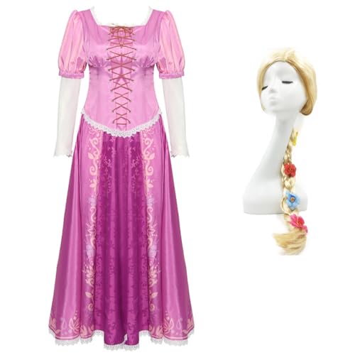 bi bi hou Damen Prinzessin Rapunzel Kleid mit Perücke Rapunzel Cosplay Verkleidung Prinzessin Kostüm Weihnachten Halloween Karneval Party Bühnenauftritt Kostüm für Erwachsene von bi bi hou