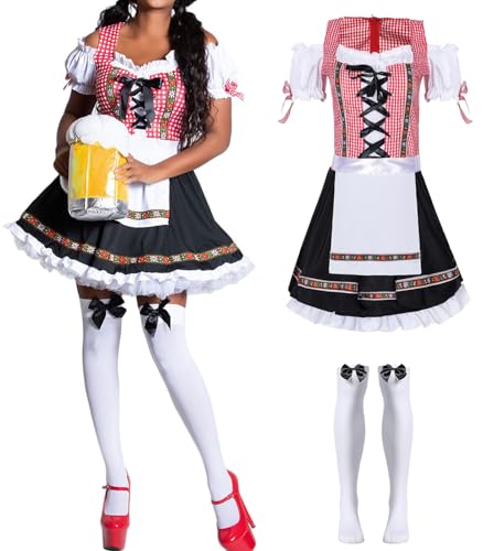 bi bi hou Dirndl Damen Midi Oktoberfest Outfit Trachtenkleid 2 Teilig Dirndlkleider Dirndlschürze Bayerisches Kostüm Maid Dress Halloween Karneval Party Bühnenauftritt Kostüm von bi bi hou