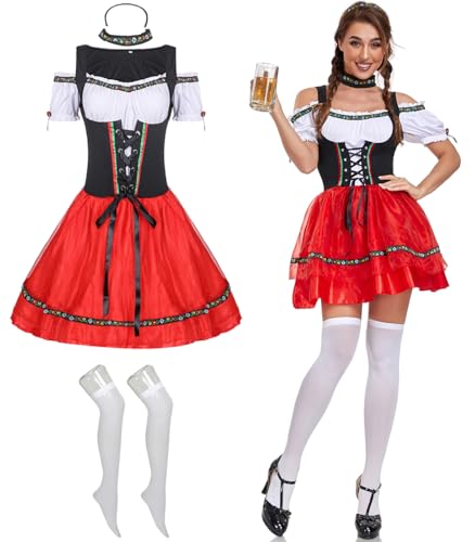 bi bi hou Dirndl Damen Midi Oktoberfest Outfit Trachtenkleid 2 Teilig Dirndlkleider Dirndlschürze Bayerisches Kostüm Maid Dress Halloween Karneval Party Bühnenauftritt Kostüm von bi bi hou