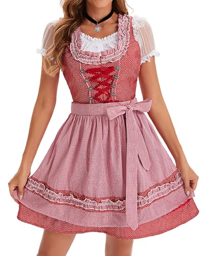 bi bi hou Dirndl Damen Midi Oktoberfest Outfit Trachtenkleid 3 Teilig Trachtenrock Dirndlbluse Dirndlschürze Bayerisches Kostüm Dirndlkleider Maid Dress Halloween Karneval Party Kostüm von bi bi hou