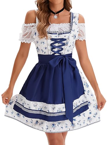 bi bi hou Dirndl Damen Midi Oktoberfest Outfit Trachtenkleid 3 Teilig Trachtenrock Dirndlbluse Dirndlschürze Bayerisches Kostüm Dirndlkleider Maid Dress Halloween Karneval Party Kostüm von bi bi hou