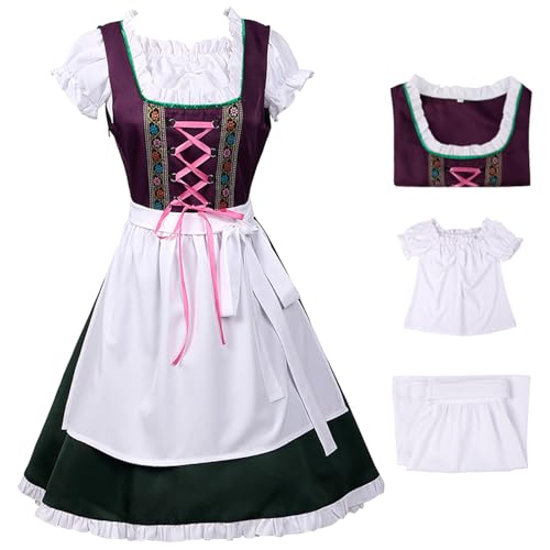 bi bi hou Dirndl Damen Midi Oktoberfest Outfit Trachtenkleid 3 Teilig Trachtenrock Dirndlbluse Dirndlschürze Bayerisches Kostüm Dirndlkleider Maid Dress Halloween Karneval Party Kostüm von bi bi hou