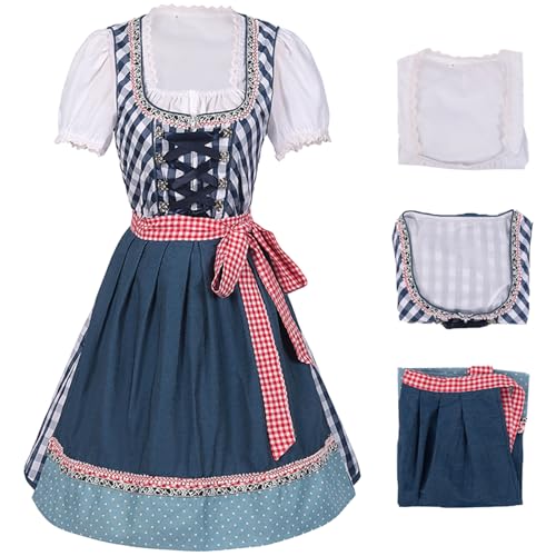 bi bi hou Dirndl Damen Midi Oktoberfest Outfit Trachtenkleid 3 Teilig Trachtenrock Dirndlbluse Dirndlschürze Bayerisches Kostüm Dirndlkleider Maid Dress Halloween Karneval Party Kostüm von bi bi hou