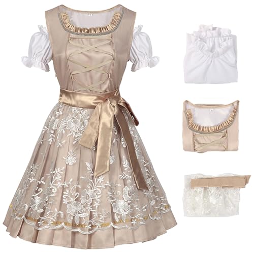 bi bi hou Dirndl Damen Midi Oktoberfest Outfit Trachtenkleid 3 Teilig Trachtenrock Dirndlbluse Dirndlschürze Bayerisches Kostüm Dirndlkleider Maid Dress Halloween Karneval Party Kostüm von bi bi hou