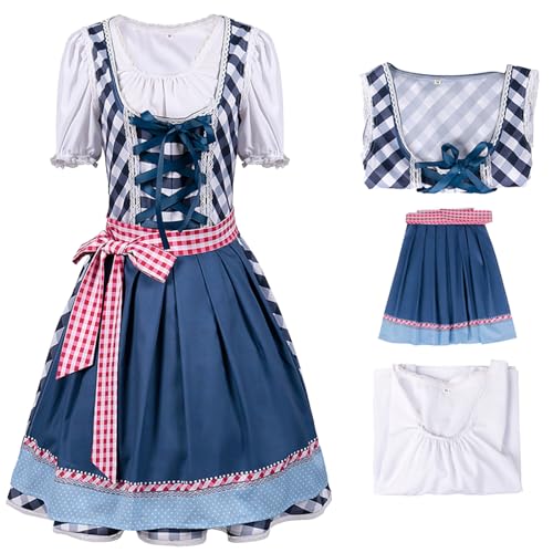 bi bi hou Dirndl Damen Midi Oktoberfest Outfit Trachtenkleid 3 Teilig Trachtenrock Dirndlbluse Dirndlschürze Bayerisches Kostüm Dirndlkleider Maid Dress Halloween Karneval Party Kostüm von bi bi hou