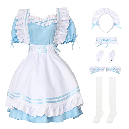 bi bi hou French Maid Dress Anime Maid Cosplay Kleid 7pcs Set Niedliche Lolita Kleid Dienstmädchen Kostüm für Café Restaurant Halloween Karneval Maid Kostüm Outfit Set von bi bi hou