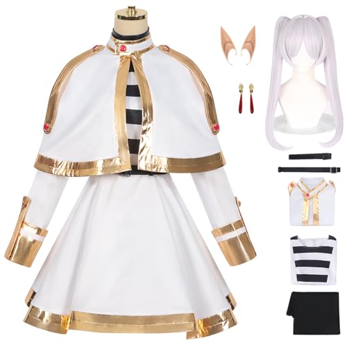 bi bi hou Frieren Cosplay Kostüm Set mit Perücke Anime Frieren at The Funeral Verkleidung Frieren Cosplay Costume Halloween Karneval Weihnachten Party Bühnenauftritt Kostüm für Erwachsene von bi bi hou