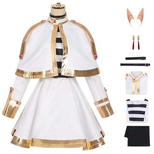 bi bi hou Frieren Cosplay Kostüm Set mit Perücke Anime Frieren at The Funeral Verkleidung Frieren Cosplay Costume Halloween Karneval Weihnachten Party Bühnenauftritt Kostüm für Erwachsene von bi bi hou