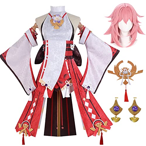 bi bi hou Genshin Impact Cosplay Yae Miko Kostüm Komplettes Set mit Perücke Genshin Cosplay Verkleidung Yae Miko Cosplay Kimono Halloween Karneval Party Bühnenauftritt Kostüm Erwachsene von bi bi hou