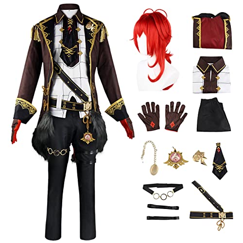 bi bi hou Genshin Impact Diluc Cosplay Kostüm Komplettes Set mit Perücke Genshin Diluc Cosplay Verkleidung Diluc Cosplay Uniform Halloween Karneval Party Bühnenauftritt Kostüm Erwachsene von bi bi hou