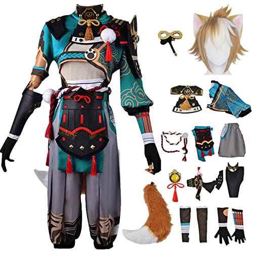 bi bi hou Genshin Impact Gorou Cosplay Kostüm Set mit Perücke Schwänze Genshin Gorou Cosplay Verkleidung Gorou Cosplay Uniform Halloween Karneval Party Bühnenauftritt Kostüm Erwachsene von bi bi hou