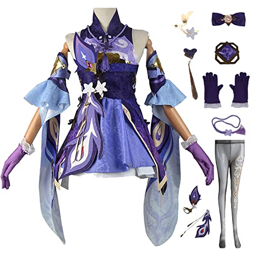 bi bi hou Genshin Impact Keqing Cosplay Kostüm Komplettes Set mit Perücke Genshin Cosplay Verkleidung Keqing Cosplay Uniform Halloween Karneval Party Bühnenauftritt Kostüm Erwachsene von bi bi hou