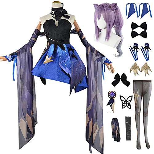 bi bi hou Genshin Impact Keqing Cosplay Kostüm Komplettes Set mit Perücke Genshin Cosplay Verkleidung Keqing Cosplay Uniform Halloween Karneval Party Bühnenauftritt Kostüm Erwachsene von bi bi hou