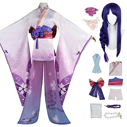 bi bi hou Genshin Impact Raiden Shogun Cosplay Kostüm Set mit Perücke Genshin Beelzebul Cosplay Verkleidung Raiden Ei/Raiden Makoto Cosplay Kimono Halloween Karneval Party Kostüm von bi bi hou