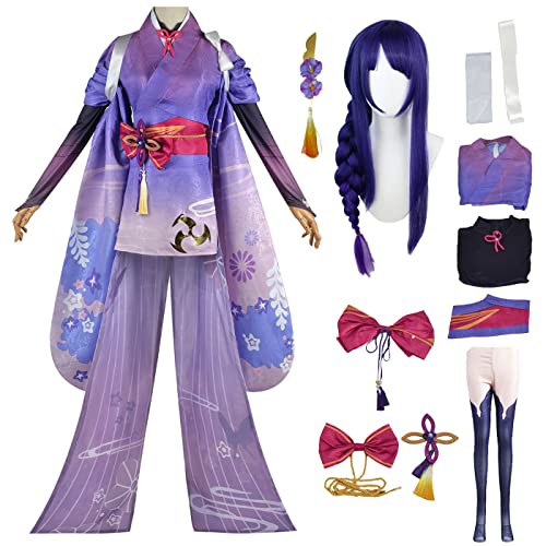 bi bi hou Genshin Impact Raiden Shogun Cosplay Kostüm Set mit Perücke Genshin Beelzebul Cosplay Verkleidung Raiden Ei/Raiden Makoto Cosplay Kimono Halloween Karneval Party Kostüm von bi bi hou