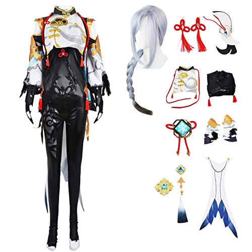 bi bi hou Genshin Impact Shenhe Cosplay Kostüm Komplettes Set mit Perücke Genshin Shenhe Cosplay Verkleidung Shenhe Cosplay Uniform Halloween Karneval Party Bühnenauftritt Kostüm Erwachsene von bi bi hou