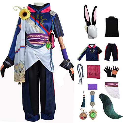 bi bi hou Genshin Impact Tighnari Cosplay Kostüm Set mit Perücke und Schwanz Genshin Cosplay Verkleidung Tighnari Cosplay Uniform Halloween Karneval Party Bühnenauftritt Kostüm Erwachsene von bi bi hou