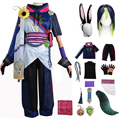 bi bi hou Genshin Impact Tighnari Cosplay Kostüm Set mit Perücke und Schwanz Genshin Cosplay Verkleidung Tighnari Cosplay Uniform Halloween Karneval Party Bühnenauftritt Kostüm Erwachsene von bi bi hou