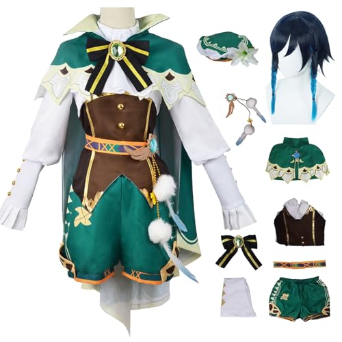 bi bi hou Genshin Impact Venti Cosplay Kostüm Komplettes Set mit Perücke Genshin Cosplay Verkleidung Spielfiguren Venti Cosplay Uniform Halloween Karneval Party Bühnenauftritt Kostüm Erwachsene von bi bi hou