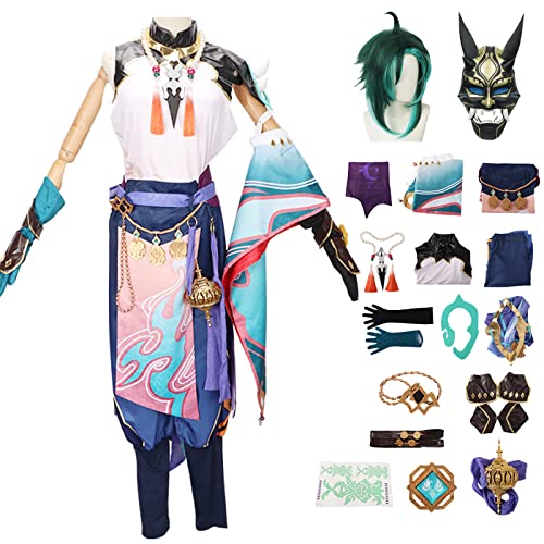 bi bi hou Genshin Impact Xiao Cosplay Kostüm Komplettes Set mit Perücke Genshin Xiao Cosplay Verkleidung Xiao Cosplay Uniform Halloween Karneval Party Bühnenauftritt Kostüm Erwachsene von bi bi hou