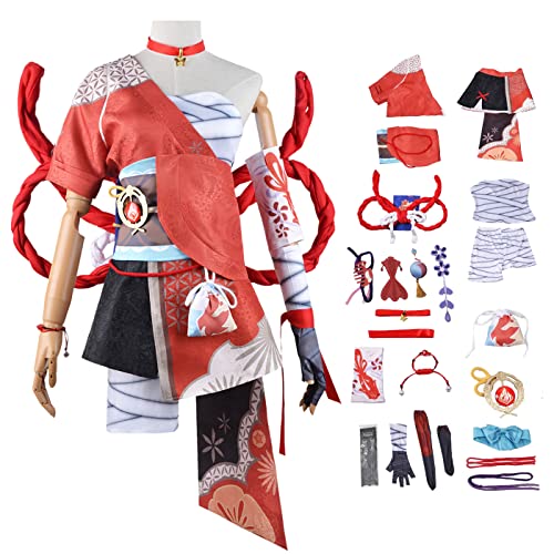 bi bi hou Genshin Impact Yoimiya Cosplay Kostüm Komplettes Set mit Perücke Genshin Yoimiya Cosplay Verkleidung Yoimiya Cosplay Uniform Halloween Karneval Party Bühnenauftritt Kostüm Erwachsene von bi bi hou