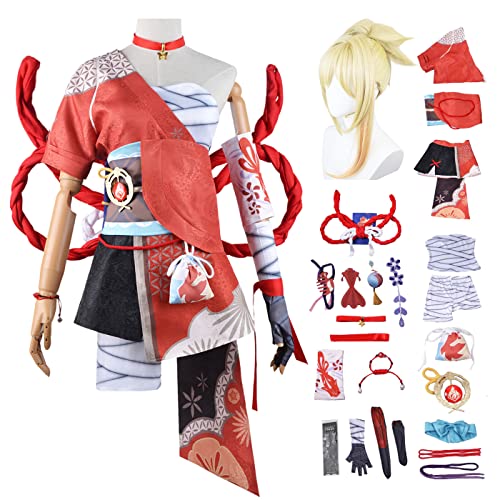 bi bi hou Genshin Impact Yoimiya Cosplay Kostüm Komplettes Set mit Perücke Genshin Yoimiya Cosplay Verkleidung Yoimiya Cosplay Uniform Halloween Karneval Party Bühnenauftritt Kostüm Erwachsene von bi bi hou