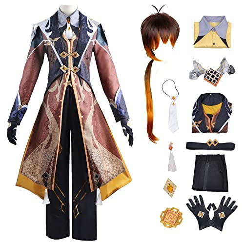 bi bi hou Genshin Impact Zhongli Cosplay Kostüm Komplettes Set mit Perücke Genshin Cosplay Verkleidung Zhongli Cosplay Uniform Halloween Karneval Party Bühnenauftritt Kostüm Erwachsene von bi bi hou