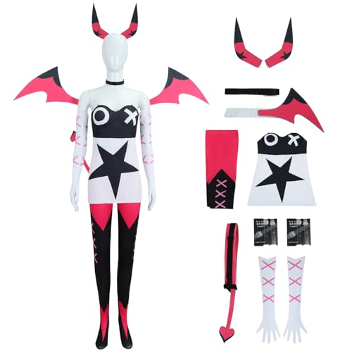 bi bi hou Hazbin Hotel Vagatha Cosplay Kostüm Set mit Flügeln und Schwanz Anime Hazbin Hotel Verkleidung Vagatha Uniform Weihnachten Halloween Karneval Party Bühnenauftritt Kostüm für Erwachsene von bi bi hou