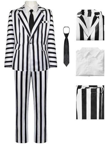 bi bi hou Herren Beetle J'uice Cosplay Kostüm Set B'eetleJuice Verkleidung Schwarz und Weiß Gestreifter Anzug Uniform Weihnachten Halloween Karneval Party Bühnenauftritt Kostüm Erwachsene von bi bi hou