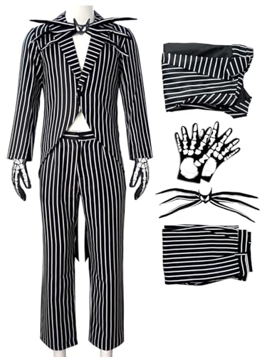 bi bi hou Herren Jack Skellington Cosplay Kostüm Set Skelett Bräutigam Jack Verkleidung Schwarz und Weiß Gestreifter Anzug Uniform Gothic Halloween Karneval Party Bühnenauftritt Kostüm bi bi hou Herren Jack Skellington Cosplay Kostüm Set Skelett Bräutigam Jack Verkleidung Schwarz und Weiß Gestreifter Anzug Uniform Gothic Halloween Karneval Party Bühnenauftritt Kostüm von bi bi hou