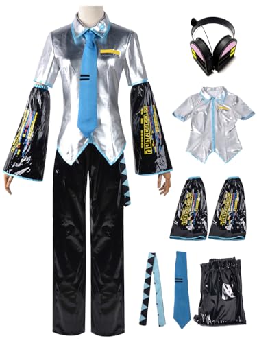 bi bi hou Herren Miku Cosplay Kostüm Set mit Kopfhörer H'atsune Miku Verkleidung Anime Miku Uniform Lackleder Weihnachten Halloween Karneval Party Bühnenauftritt Kostüm Erwachsene XXS-3XL von bi bi hou