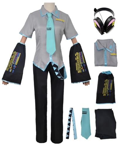 bi bi hou Herren Miku Cosplay Kostüm Set mit Kopfhörer H'atsune Miku Verkleidung Anime Miku Uniform Lackleder Weihnachten Halloween Karneval Party Bühnenauftritt Kostüm Erwachsene XXS-3XL von bi bi hou