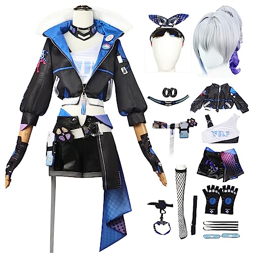 bi bi hou Honkai Star Rail Silver Wolf Cosplay Kostüm Set mit Perücke Star Rail Silver Wolf Cosplay Verkleidung Silver Wolf Uniform Halloween Karneval Party Bühnenauftritt Kostüm Erwachsene von bi bi hou