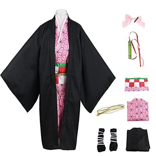 bi bi hou Kamado Nezuko Cosplay Kostüm mit Perücke Anime Cosplay Kostüm Kimetsu no Yaiba Verkleidung Nezuko Kimono Weihnachten Halloween Karneval Party Bühnenauftritt Kostüm Erwachsene von bi bi hou