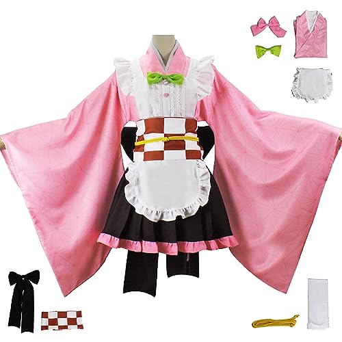 bi bi hou Kamado Nezuko Cosplay Kostüm mit Perücke Nezuko Maid Dress Anime Cosplay Kostüm Kimetsu no Yaiba Kimono Lolita Kleid Halloween Karneval Party Kostüm für Erwachsene von bi bi hou