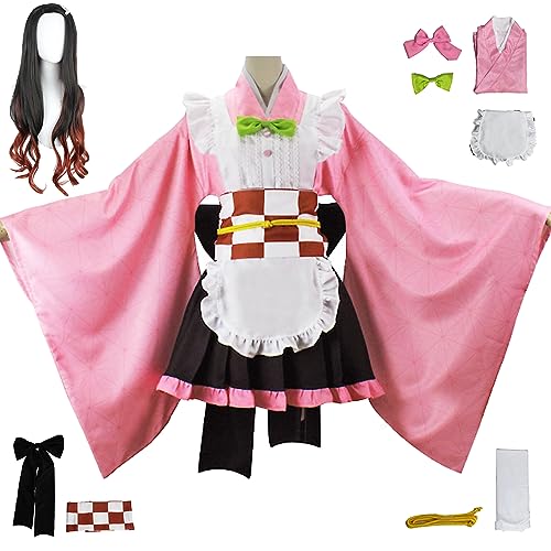 bi bi hou Kamado Nezuko Cosplay Kostüm mit Perücke Nezuko Maid Dress Anime Cosplay Kostüm Kimetsu no Yaiba Kimono Lolita Kleid Halloween Karneval Party Kostüm für Erwachsene von bi bi hou