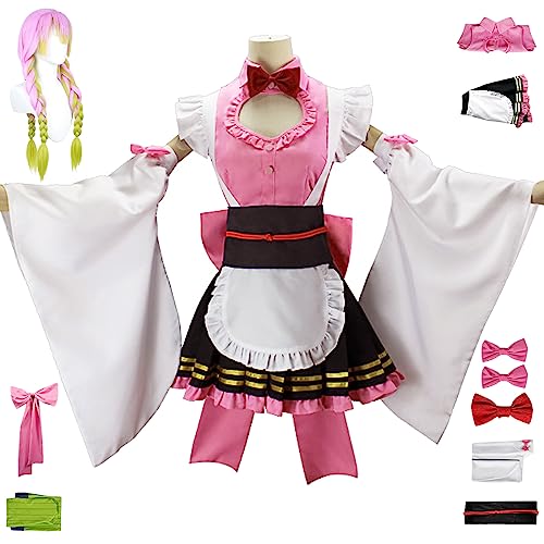 bi bi hou Kanroji Mitsuri Cosplay Kostüm mit Perücke Mitsuri Maid Dress Anime Cosplay Kostüm Kimetsu no Yaiba Kimono Lolita Kleid Halloween Karneval Party Kostüm für Erwachsene von bi bi hou