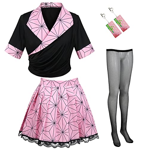 bi bi hou Kimetsu no Yaiba Cosplay Kostüm 4 Piece Set Tanjirou Nezuko Zenitsu Shinobu Giyuu Anime Cosplay JK Uniform Halloween Karneval Party Bühnenauftritt Kostüm für Damen von bi bi hou