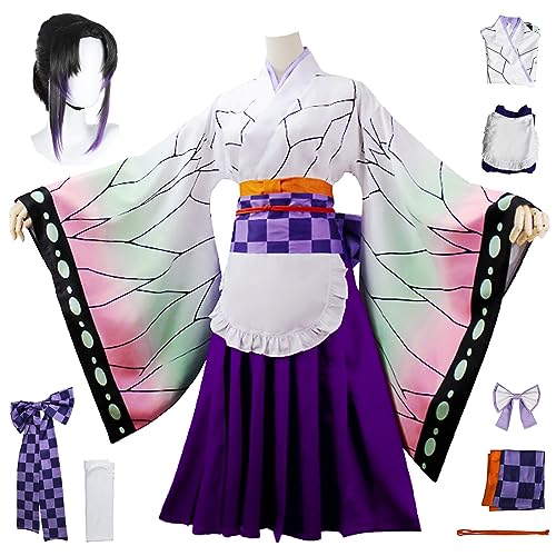 bi bi hou Kochou Shinobu Cosplay Kostüm mit Perücke Shinobu Maid Dress Anime Cosplay Kostüm Kimetsu no Yaiba Kimono Lolita Kleid Halloween Karneval Party Kostüm für Erwachsene von bi bi hou