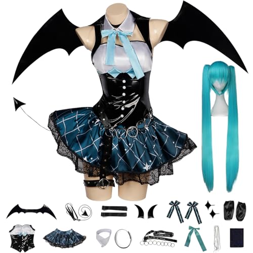 bi bi hou Little Devil Miku Cosplay Kostüm Set mit Perücke Flügel Schwanz H'atsune Miku Verkleidung Anime Uniform Gothic Weihnachten Halloween Karneval Party Bühnenauftritt Kostüm Erwachsene von bi bi hou