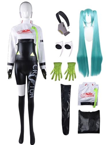 bi bi hou Miku Cosplay Kostüm Set mit Perücke Kopfhörer Anime H'atsune Miku Verkleidung Rennfahrer Uniform Weihnachten Halloween Karneval Party Bühnenauftritt Kostüm Erwachsene von bi bi hou