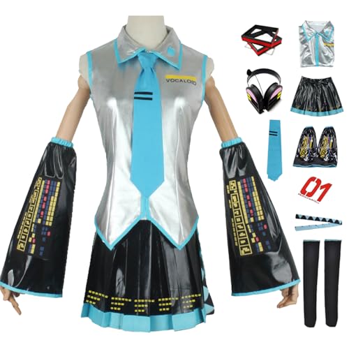 bi bi hou Miku Cosplay Kostüm Set mit Perücke Kopfhörer H'atsune Miku Verkleidung Anime Miku Uniform Lackleder Weihnachten Halloween Karneval Party Bühnenauftritt Kostüm Erwachsene XXS-3XL von bi bi hou