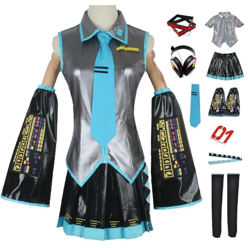 bi bi hou Miku Cosplay Kostüm Set mit Perücke Kopfhörer H'atsune Miku Verkleidung Anime Miku Uniform Lackleder Weihnachten Halloween Karneval Party Bühnenauftritt Kostüm Erwachsene XXS-3XL von bi bi hou